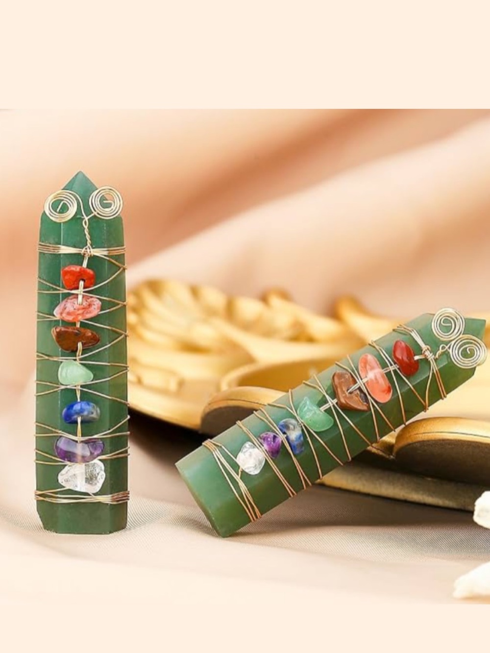 🆕 New Green Aventurine 7-Chakra Wire-Wrapped Crystal Tower Wand